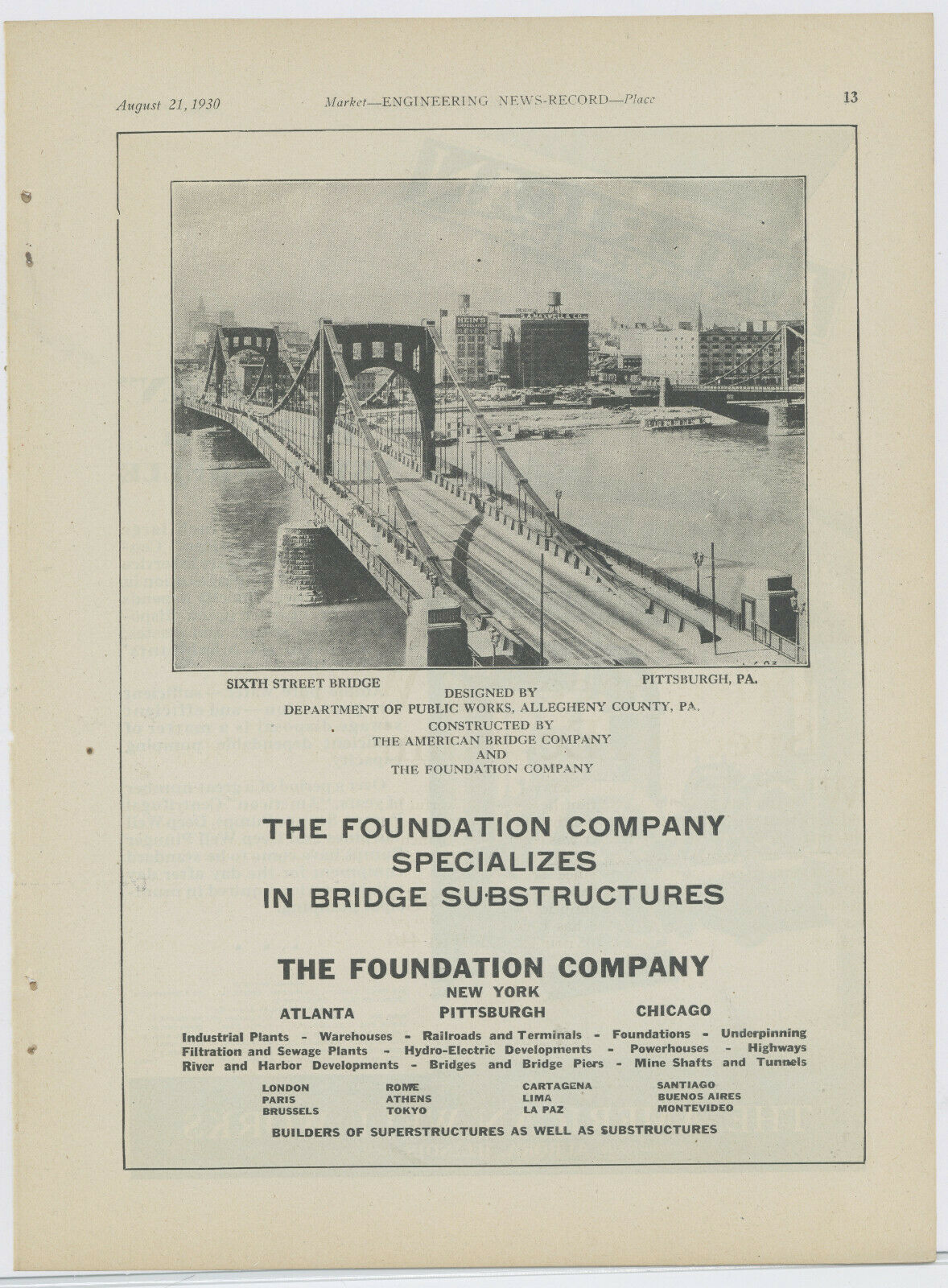 1930 Foundation Co. Advertisement: Sixth Street Bridge, Pittsburgh, Pennsylvania